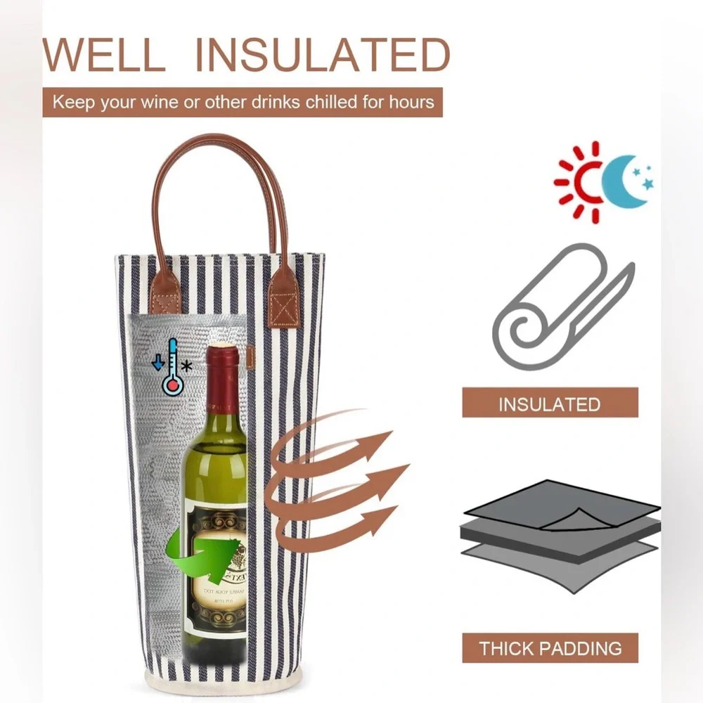 Navy Striped Wine Tote with Leather Handles